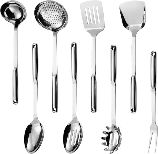 304 Stainless Steel Cooking Utensils Set, 8PCS Kitchen Utensils Set, Include Skimmer, Soup Ladle, Spaghetti Server, Wok Spatula, Slotted Spoon, Solid Spoon, Slotted Spatula Turner & Meat Fork