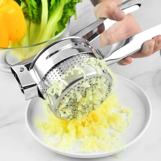 Stainless Steel Potato Ricer Masher,Multi Functional Potato Ricer Press for Pressing Potatoes, Fruits, Vegetables,Manual Masher Kitchen Tool,with 3 Removable and Interchangeable Discs (Bye Hole)