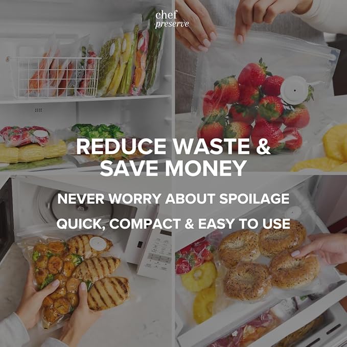 Chef Preserve Reusable Vacuum Sealer Bags for Food – 30 BPA-Free Large (12 x 13 in) Food Storage Bags, Freezer, Microwave – Odor-Resistant, Leak-Proof – Compatible with Chef Preserve Vacuum Sealers