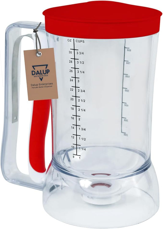 Kid Friendly Mess Free Pancake Cupcake Batter Dispenser Squeeze Handle for Precise Portion Control, Great for Waffles, Crepes | 4 Cup Capacity (Red)