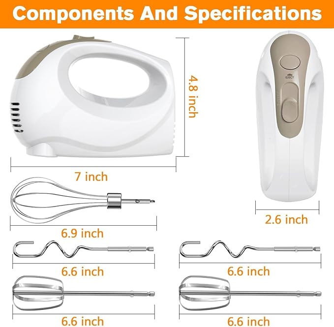 Hand Mixer, 5 Speed Electric Cake Whisk Food Mixer Self-Control/Turbo Boost with 5 Stainless Steel Accessory Food Beater for Cake Bread (one size)