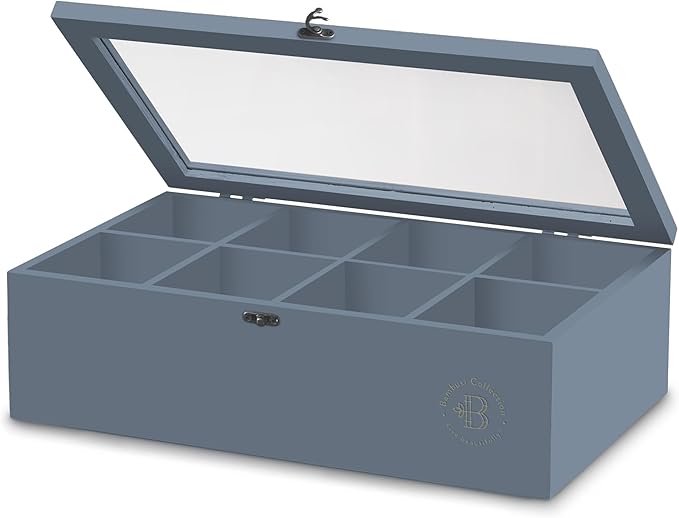 Bambsi Tea Bag Organizer - Bamboo Tea Box Organizer Storage Box, Tea Bag Holder with Acrylic Window, Magnetic Lid Keeps Tea Bags Fresh - Tea Organizer Caddy (Tea Not Included) Christmas Gift - Grey