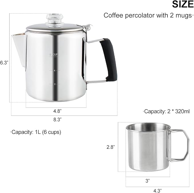 Multi Use 6 Cup Coffee Pot Bundle Coffee Percolator with 2 Mugs Stainless Steel Coffee Maker with Two Heat Resistant Tough Borosilicate Glass Knob Fireproof Silica Handle Using on any Stovetop