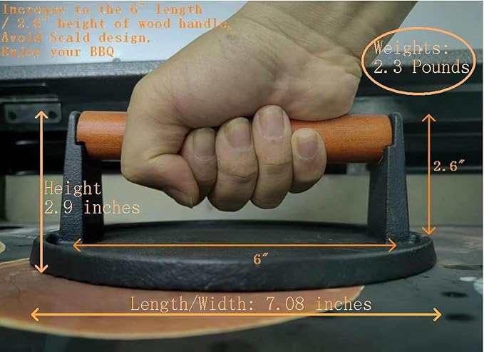 Burger Press 7.08" Round & 8.3”X4.3”Rectangle Heavy-Duty Cast Iron Smash Meat Steak With Wood Handle for Blackstone Camp chef Pitboss Weber Treager Griddle Grills (Round & Rectangle)