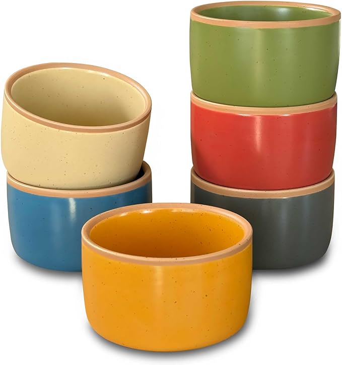 Mora Ceramic Ramekins - 8oz, Set of 6 - Small Oven Safe Baking Dishes/Cups - For Personal Pudding, Creme Brulee, Souffle, Serving Dip, Custard, Ice Cream - Single Mini Bowls - Artisan Colors
