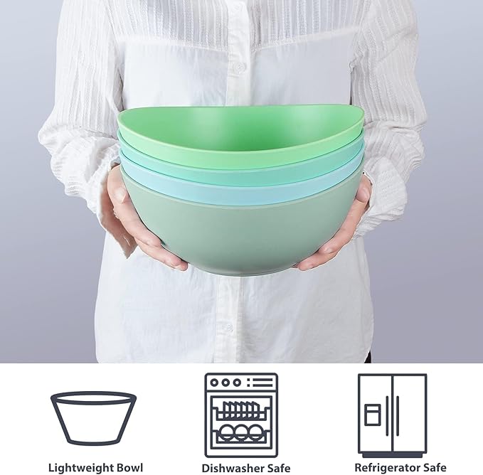 9.6'' Serving Bowls, Bamboo Fiber Salad Bowls Set of 4, 2.6Qt/84 Ounce, Large Bowls for Kitchen,Curvy Shape Big Deep Bowl for Salad,Vegetable,Fruit,Cereal, Lightweight & Easy to Clean(Multi Turquoise)