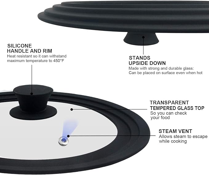 Universal Lid for Pots, Pans and Skillets - Tempered Glass with Heat Resistant Silicone Rim, Fits 9.5", 10" and 11" Diameter Cookware