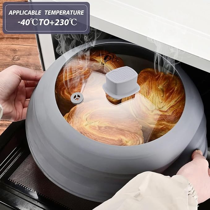 Microwave Splatter Cover Glass Cover Guard Lid with Collapsible Silicone for Food Pot Plate Cover 11.8 inch Light Grey