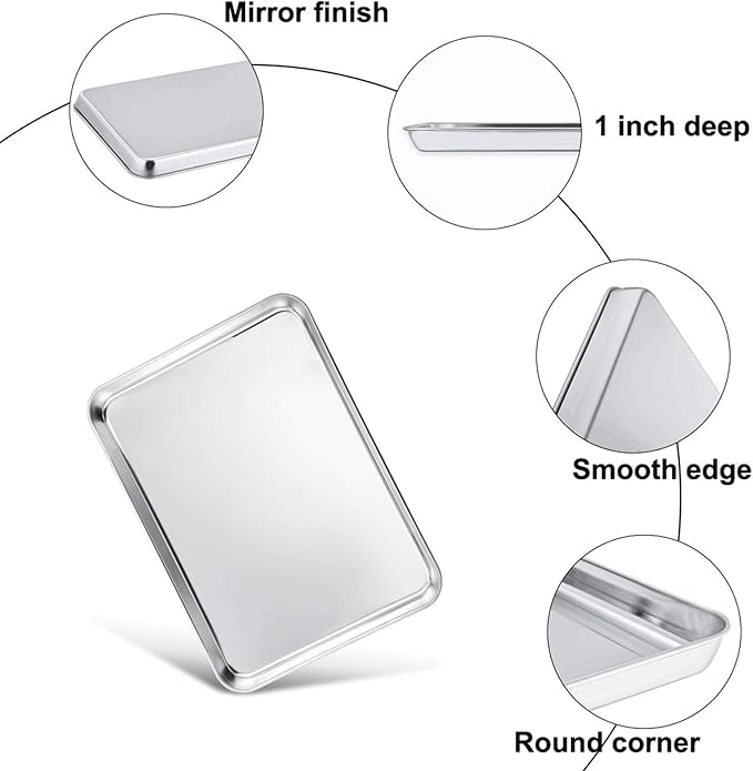 TeamFar 10.5’’ x 8’’ x 1’’ Toaster Oven Pan with Rack Set, Small Baking Pans Tray Stainless Steel with Cooling Rack Set of 4, Non-Toxic & Heavy Duty, Mirror Finish & Dishwasher Safe