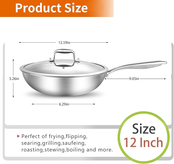 DELARLO 12" Nonstick Wok Pan With Lid, Tri-Ply Stainless Steel Saute Pan with Lids, 600℉, 5QT Deep Frying pan, Induction Wok Nonstick,Woks & Stir-Fry Pans