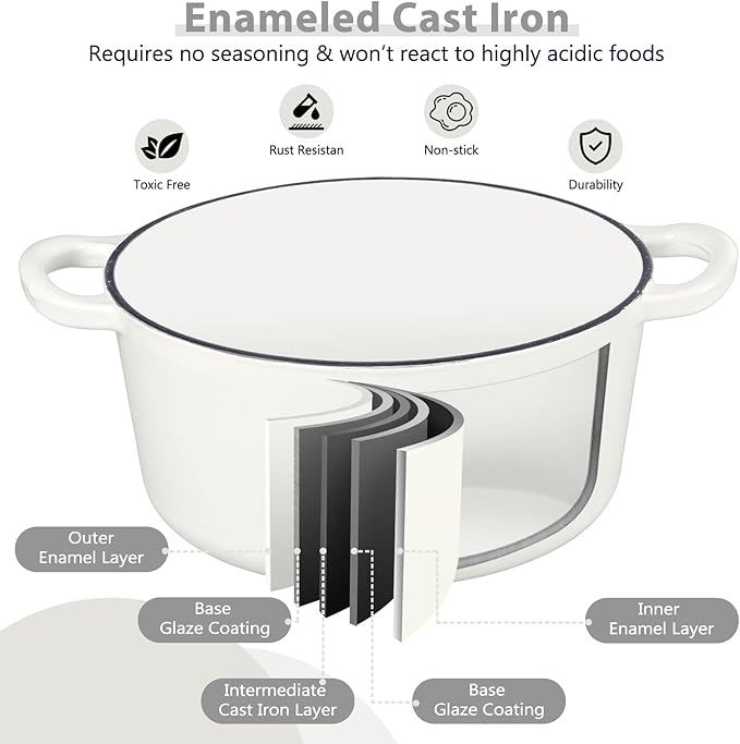 3 Qt Enameled Cast Iron Dutch Oven with Lid, E-far Small Round Nonstick Dutch Oven Pot for Bread Baking Braising Stews Roasting Cooking, Heavy Duty, Induction & Oven Safe - White