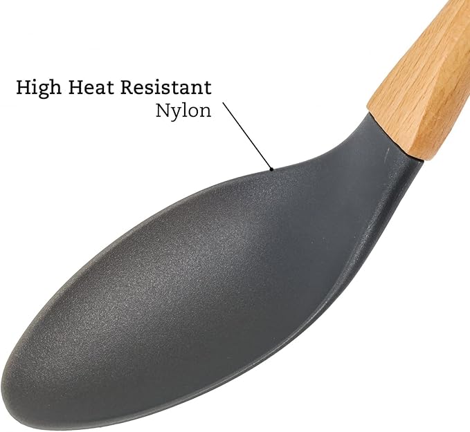 Beille Grey Nylon Spoon with Wooden Handle Kitchen Utensils High Heat Resistance, 13 Inch