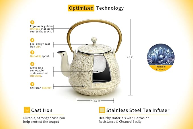 Toptier Cast Iron Tea Kettle, Stovetop Safe Japanese Cast Iron Teapot with Infuser, Leaf Design Tea Kettle for Stove Top Coated with Enameled Interior for 32 Ounce (950 ml), Warm Beige & Gray