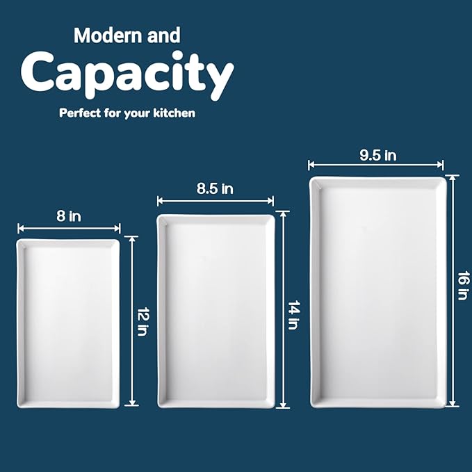 Delling Large Serving Platter, 16/14/12 Inch Rectangular Serving Trays for Serving Food, Serving Tray for Party - Set of 3, White