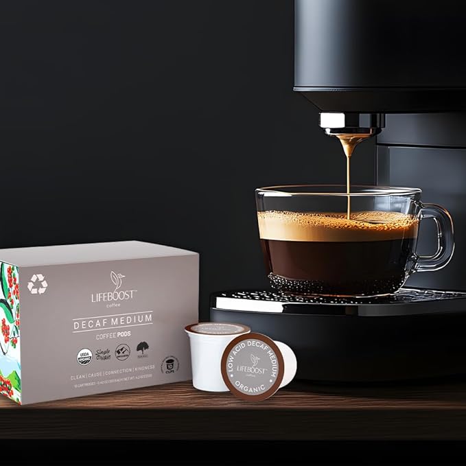 Lifeboost Organic Decaf Coffee K Cups - Low Acid Single Origin Non-GMO Mold Free Decaf Coffee Pods Compatible with Keurig & Keurig 2 - No Mycotoxins or Pesticides - 10 Count
