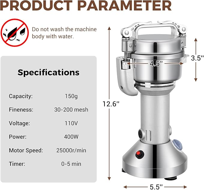 Grain Mill 150g Commercial Spice Grinder Electric 650W Stainless Steel Pulverizer Dry Grinder for Grinding Wheat, Oats, Corn, Pepper, and Coffee Beans – Grinders for Kitchen.
