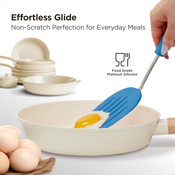 Kitchen Mama WaltzGrip Platinum Silicone Pancake Spatula Turner: Heat Resistant Flexible, Stainless Steel Core, Nonstick, Dishwasher Safe, Flipper – Ideal Kitchen Cookware for Eggs, Fish, Meat (Blue)