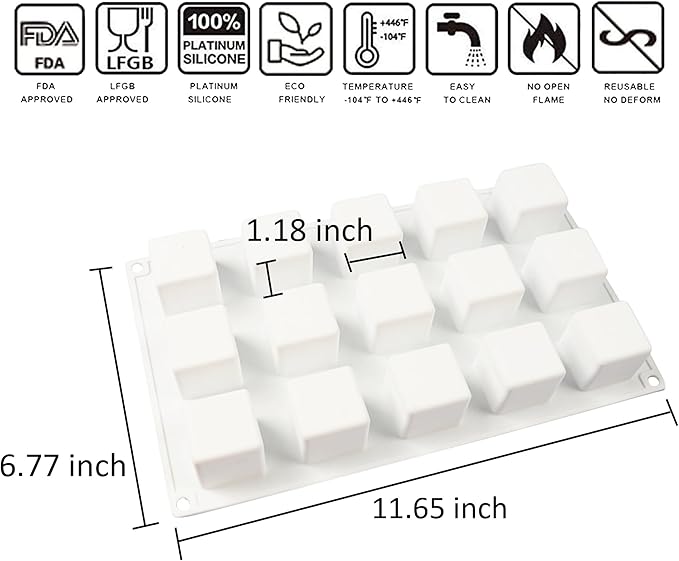 OCPO Kitchen 3D Cube Silicone Mold for Baking Mousse Cake, Square Baking Molds for Chocolate Candy Pastry Truffle Cupcake Jelly Cookie Pudding, Square Shape (15-Cavity)