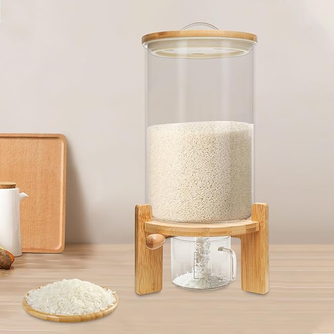 CNCEST Flour and Cereal Container, Glass Rice Dispenser, Countertop Cereal Dispenser with Measuring Cup, Airtight Lid & Wooden Stand for Storing Rice, Flour, Nuts, Coffee Beans (7.5L/1.98Gal)