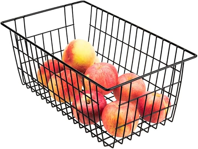 SANNO Freezer Wire Baskets, Refrigerator Freezer Baskets Wire Metal Storage Basket, Farmhouse Storage Organizer Bin for Pantry, Shelf, Kitchen, Cabinet, Bathroom Black 15.7" L x 7.9" Wx 5.9" H
