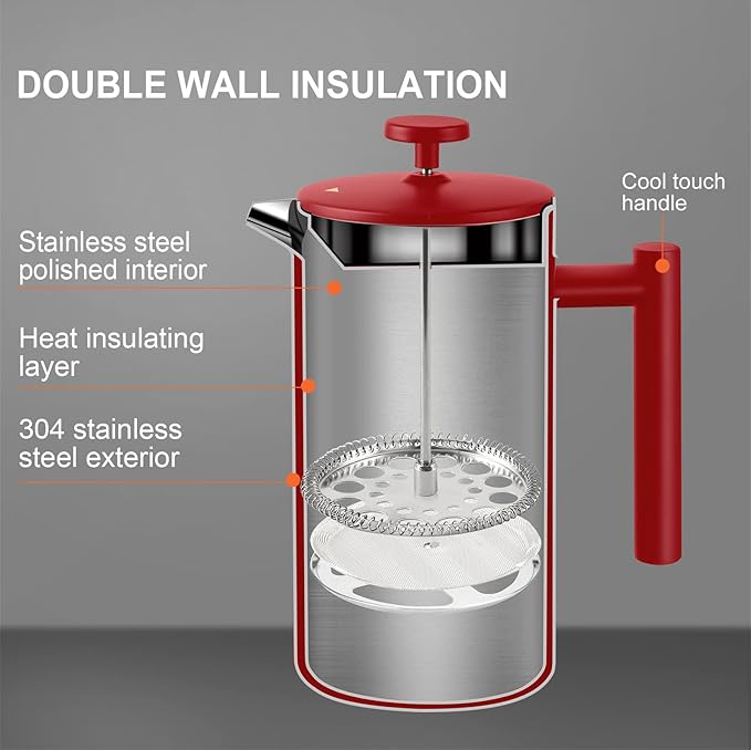 Secura French Press Coffee Maker, Double-Wall 304 Grade Stainless Steel Coffee Press with 2 Extra Screens, 34oz (1L), Red