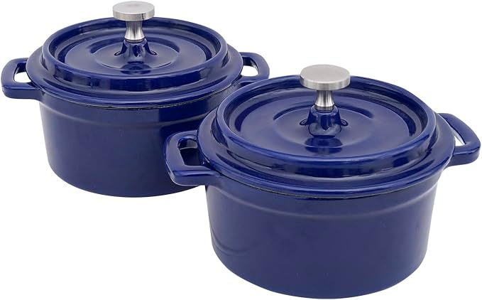 Mini Cocotte 16 oz Mini Dutch Oven 0.5 qt. Cast Iron Garlic Roaster for Oven Garlic Confit Pot Ramekins with Lids Oven Safe Set of 2, Blue