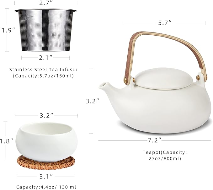 ZENS Modern Japanese Tea Set, 27 oz Ceramic Japanese Teapot with Fine Stainers and 4 Cups for Loose Leaf Tea Steeper, Wood Handle Matte Japanese Teapots Hot Tea Brewer for Tea Party Women Gifts