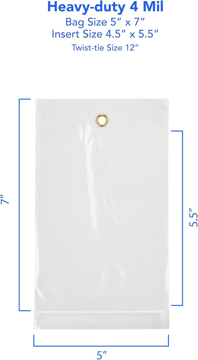 GPI - 5" x 7" Reclosable Zip Bags with Bottom Hang-hole & Pre-inserted 12" Twist-tie. 4 Mil Heavy-duty Resealable Zipper Baggy with Grommet/Metal Eyelet for Hanging (Insert Size 4.5x5.5) 100 Pack