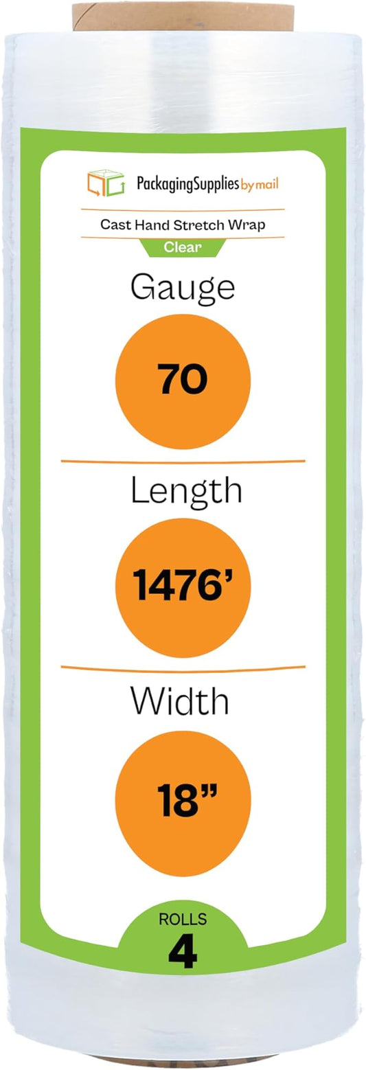 PSBM Stretch Wrap, 4 Pack, 17 Inch x 1476 Feet, 65 Gauge, Clear Plastic Cling, Cast Hand Stretch Film Rolls for Packaging Moving Packing Pallets