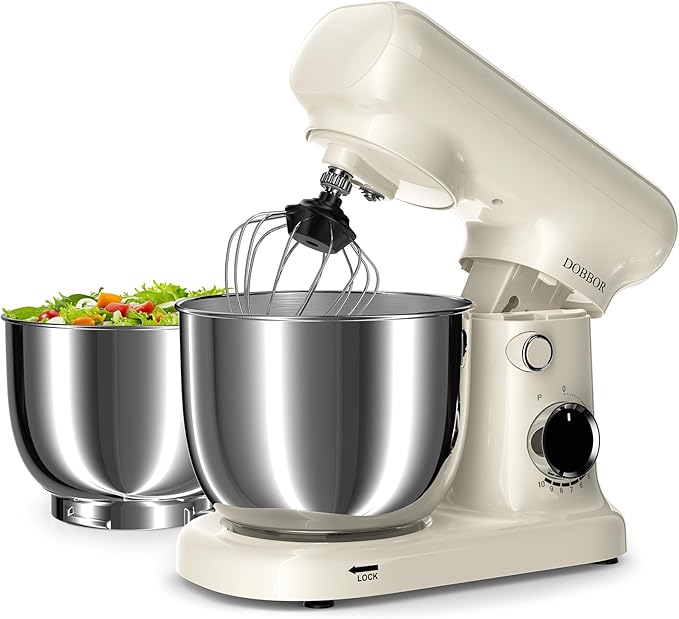 Stand Mixer with 3QT+3.5QT Dual Bowls, 10-Speed Electric 300W Food Mixer - Includes Egg Whisk, Dough Hook & Flat Beater for Home Baking & Daily Cooking (White)