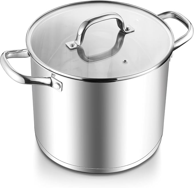 E-far 10 Quart Pot, Stainless Steel Stock Cooking Pot with Glass Lid for Soup Canning Stewing Simmering, Heavy Duty Large Cookware with Triply Base for Induction Gas Ceramic Stoves, Dishwasher Safe