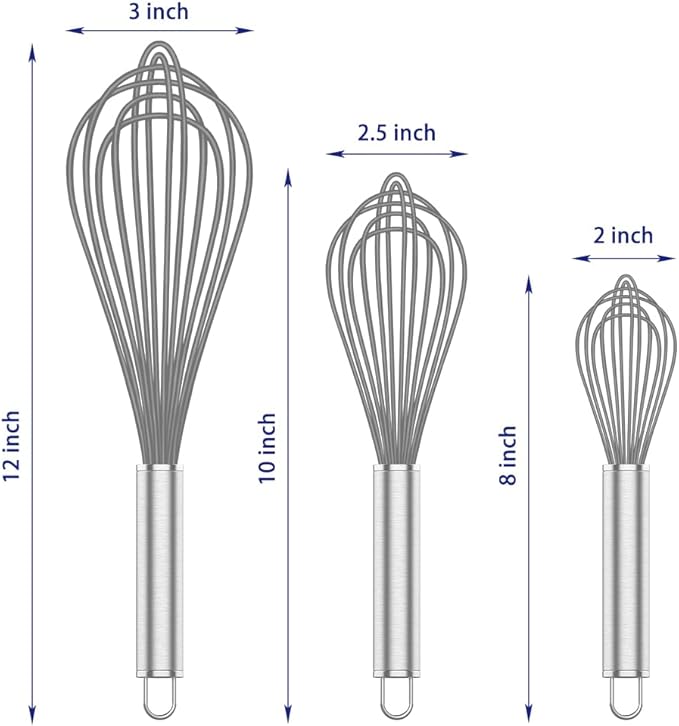 Grey Silicone Whisk, Professional Whisks For Cooking Non-Scratch, Stainless Steel & Silicone Wisk, Plastic Rubber Whisk Tool For Nonstick Cookware Pans, Silicon Wisks Set of 3