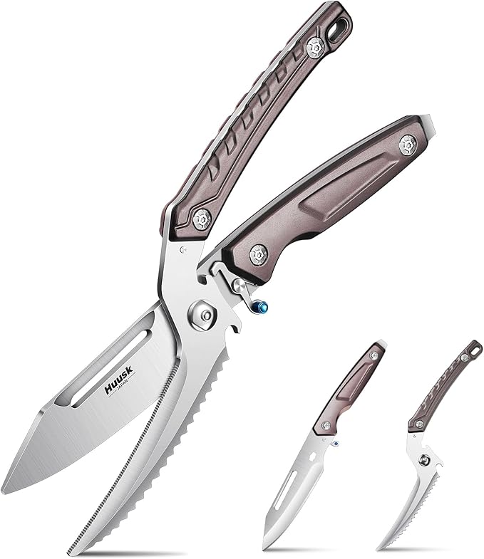 Huusk Heavy Duty Poultry Scissors - Kitchen Scissor for Food with Serrated Edge, Detachable Sharp Shears for Cutting Meat, Chicken Bone and Turkey, Scissors All Purpose for Thanksgiving (Brown)