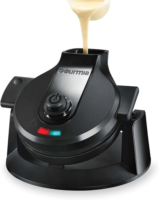 Gourmia GWM468 Dual Pour Waffle Maker with Easy Pour Spout + Horizontal Pour, Angled Cooking, 5 Shade Settings, and Indicator Lights - Recipe Book Included