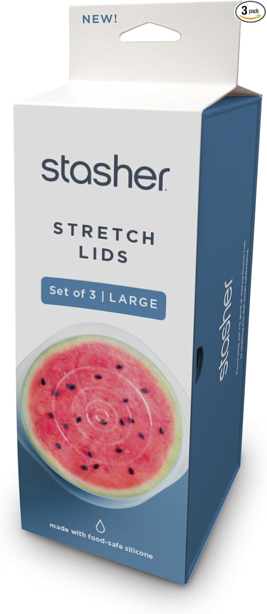 Stasher Premium Reusable Silicone Stretch Lids 3-Pack Box - Large, Clear, 9” Lids, Airtight Seal, Food Container Covers, BPA Free, Leak-free, Dishwasher Safe, Microwave Safe, Eco-Friendly