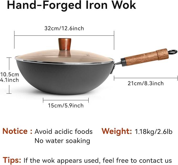 WANGYUANJI 12.6-Inch Wok Pan with Lid, Flat Bottom Wok with Detachable Wooden Handle, Compatible with All Stovetops