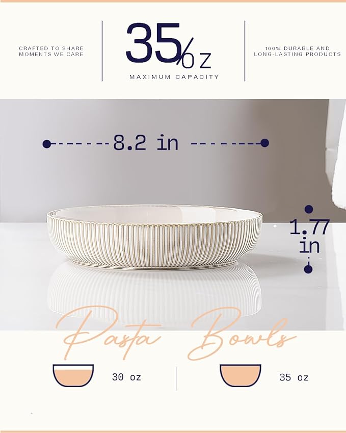 getstar Pasta Bowls, Large Salad Serving Bowls (8.2 inch/35 oz), Ceramic Bowl Plates Set of 4, Farmhouse Embossments, Microwave and Dishwasher Safe