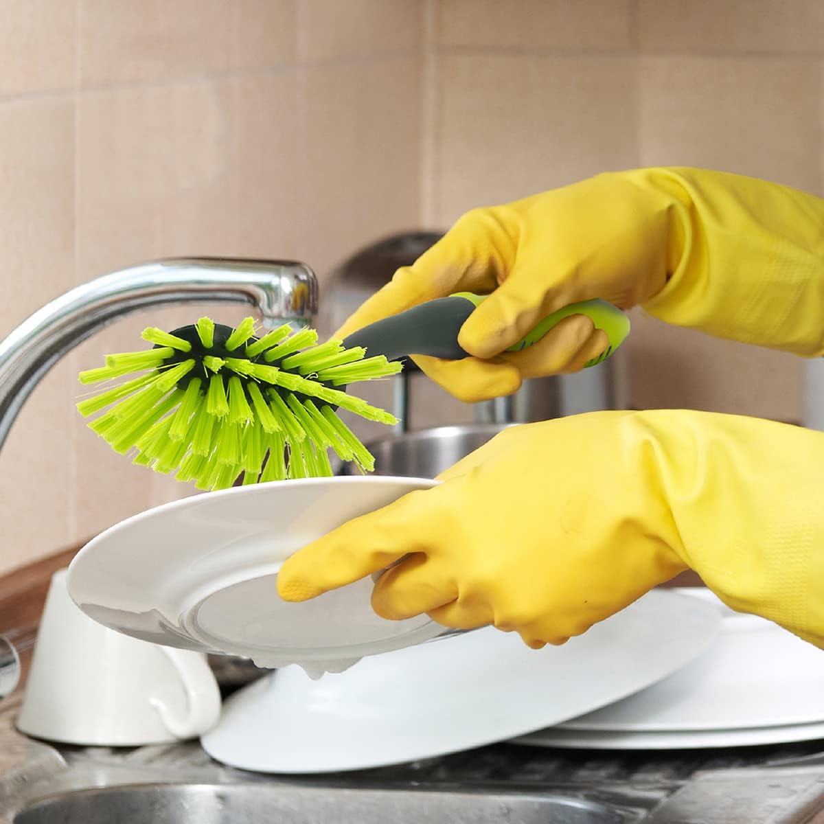 Pine-Sol Long Handle Dish Brush – Heavy Duty Bristle Kitchen Scrubber, Safe with Non-Stick Cookware