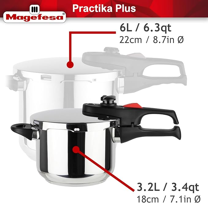 Magefesa Practika Plus, 8-Quart Pressure Cooker, 18/10 stainless steel, Induction Compatible, 5-Layer Heat Diffuser Bottom, 5 Safety Systems, Even Heat Distribution