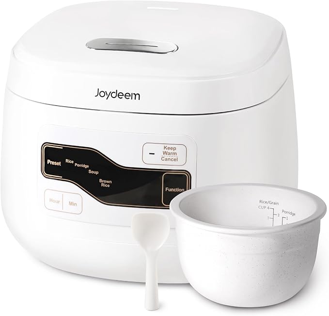 Joydeem Ceramic Rice Cooker FD20S-W, 4 Cups Uncooked Rice Cookers with Pure Ceramic Inner Pot, 24h Dealy Start, 2L, White