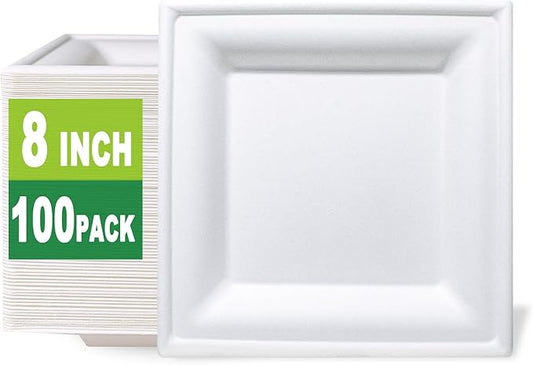 GreenWorks 100 Count 8 Inch Square Compostable Plates, Heavy Duty Bagasse and Bamboo Fiber Disposable Paper Plates