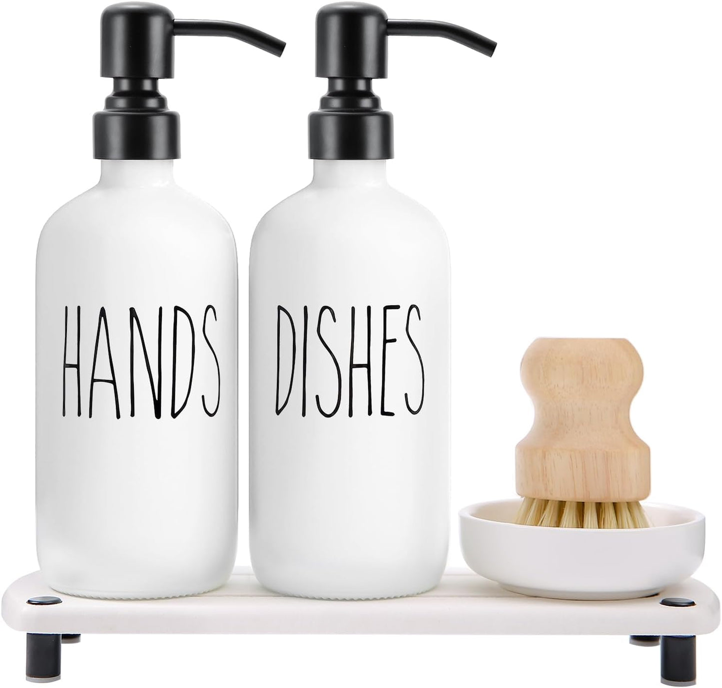 MOMEEMO White Soap Dispenser Set Comes with Stainless Steel Pumps, Instant Dry Tray, and Dish Scrub Brush, Suitable for Kitchen Accessories and Farmhouse Decor. (White)