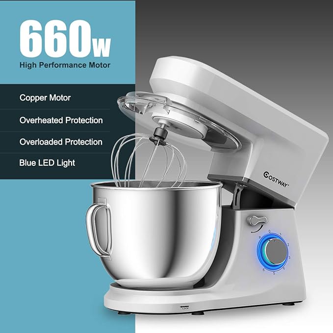 COSTWAY Stand Mixer, 6-Speed 7.5 QT Tilt-head Electric Kitchen Food Mixer 660W with Stainless Steel Bowl, Dough Hook, Beater, Whisk
