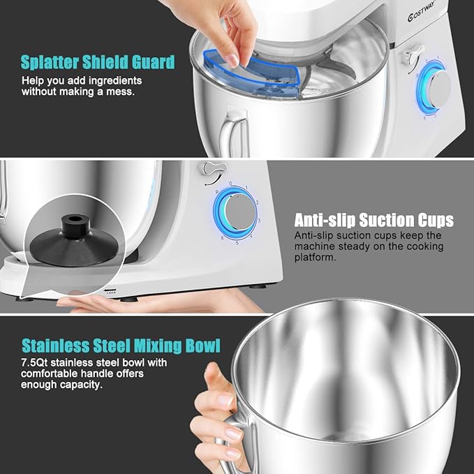 COSTWAY Stand Mixer, 6-Speed 7.5 QT Tilt-head Electric Kitchen Food Mixer 660W with Stainless Steel Bowl, Dough Hook, Beater, Whisk