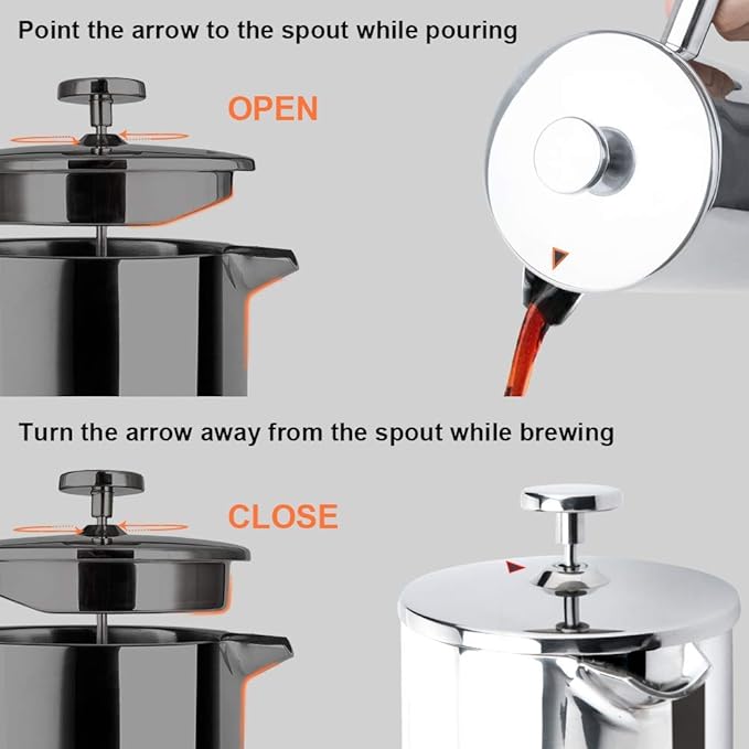 Secura French Press Coffee Maker, 304 Grade Stainless Steel Insulated Coffee Press with 2 Extra Screens, 50oz (1.5 Litre), Silver