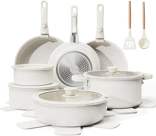 22-Piece Pots and Pans Set Non Stick with Removable Handles, Ceramic Cookware Set, Large-Capacity & Non Toxic, Induction & RV Compatible, Dishwasher Safe, PFAS/PTFE/PFOA Free, White