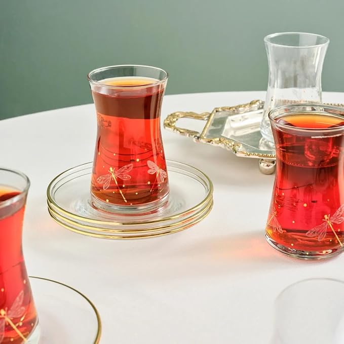 KARACA Yusufcuk Glass Elegant Tea Glass Set of 6 - (12 Piece) Clear Turkish Tea Cup Glasses and Saucers, 5.74 oz Curved Design Drinkware Cups