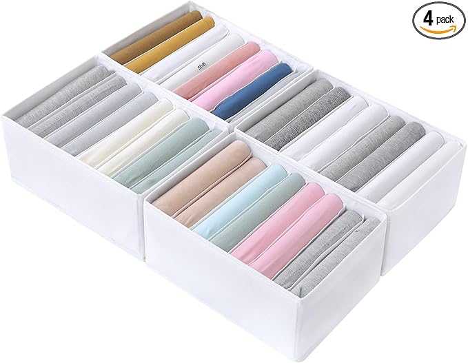 Qozary 4 Pack Drawer Organizers for Clothing, 8 Grids Foldable Closet Organizers and Storage Bins for Bedroom, Dresser Organizer Boxes for Thin T-shirts, Tank Tops (White, Upgrade Height)
