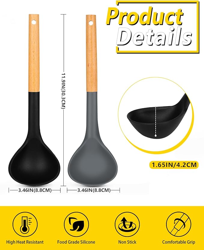 Pack of 2 Soup Ladle, Silicone Ladle Spoon with Wooden Handle, Large Non Stick High Heat Resistant Kitchen Utensils for Cooking, Stirring, Serving Soups(BLACK-GRAY)