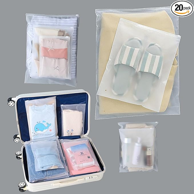 (20 pcs, 4 Sizes) Travel Luggage Organizer Bags, 4 Mil Slider Zip Plastic Clothing Packaging Bags, Travel/Home Storage and organizing pouches, Space Saver Bag (6''x9''-14‘’x18'')